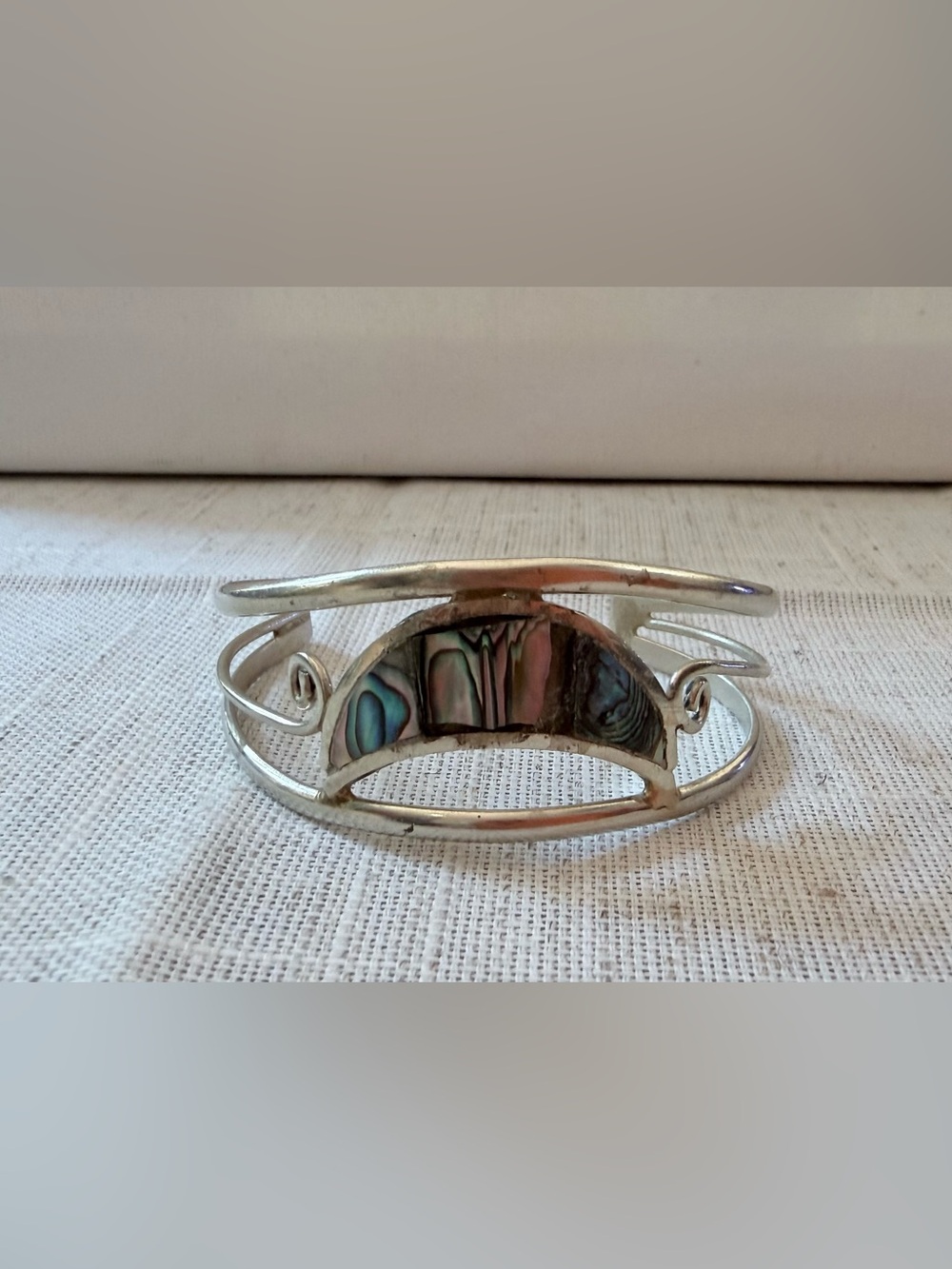 Vintage Mexican Alpaca Silver Abalone Inlay Cuff Bracelet